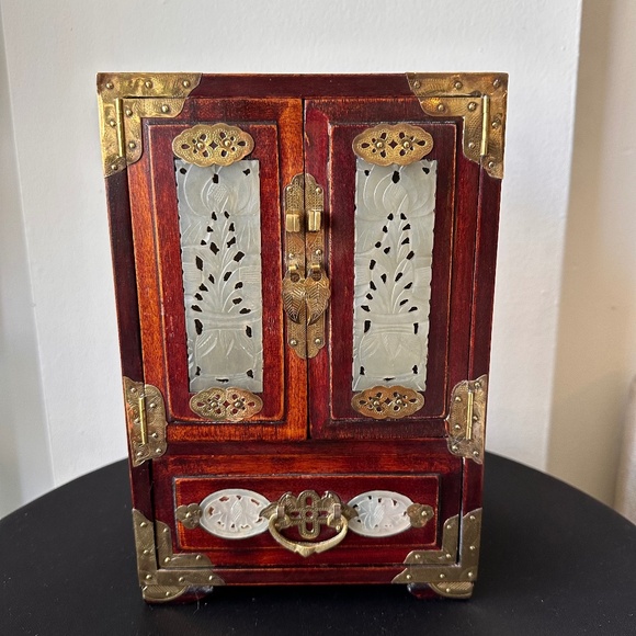 Vintage Chinese Wooden Jewelry Box Jade Inlay Brass Hardware Ornate Mini Cabinet - Picture 1 of 14